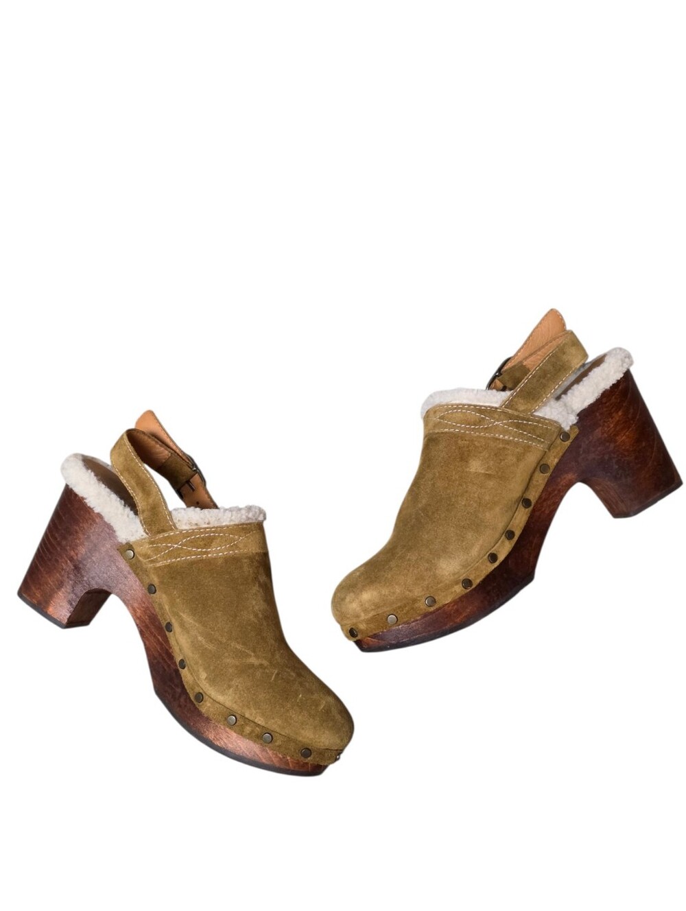 SÉZANE Taylor Clogs |  Suede Shearling Trim Wooden Platform Heel FR39/US8